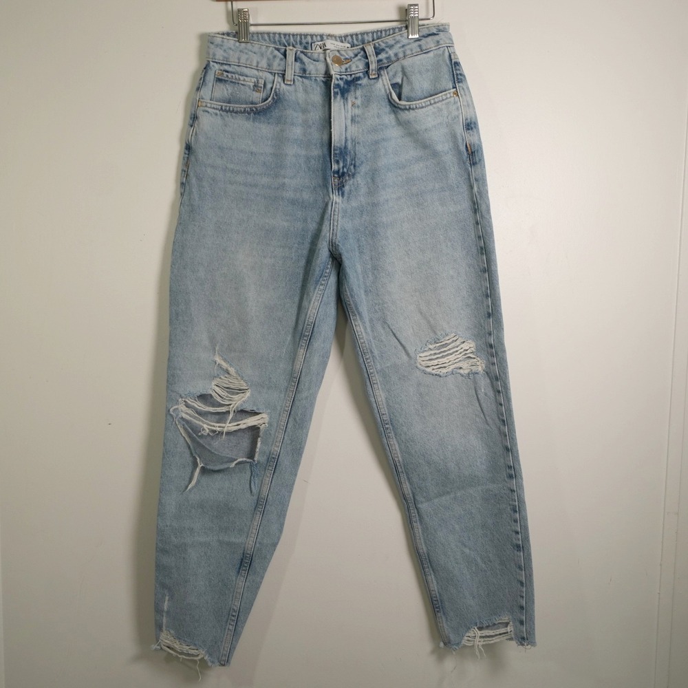 Zara Mom Jeans 8 Light Blue High Rise Distressed Ripped Raw Hem Denim